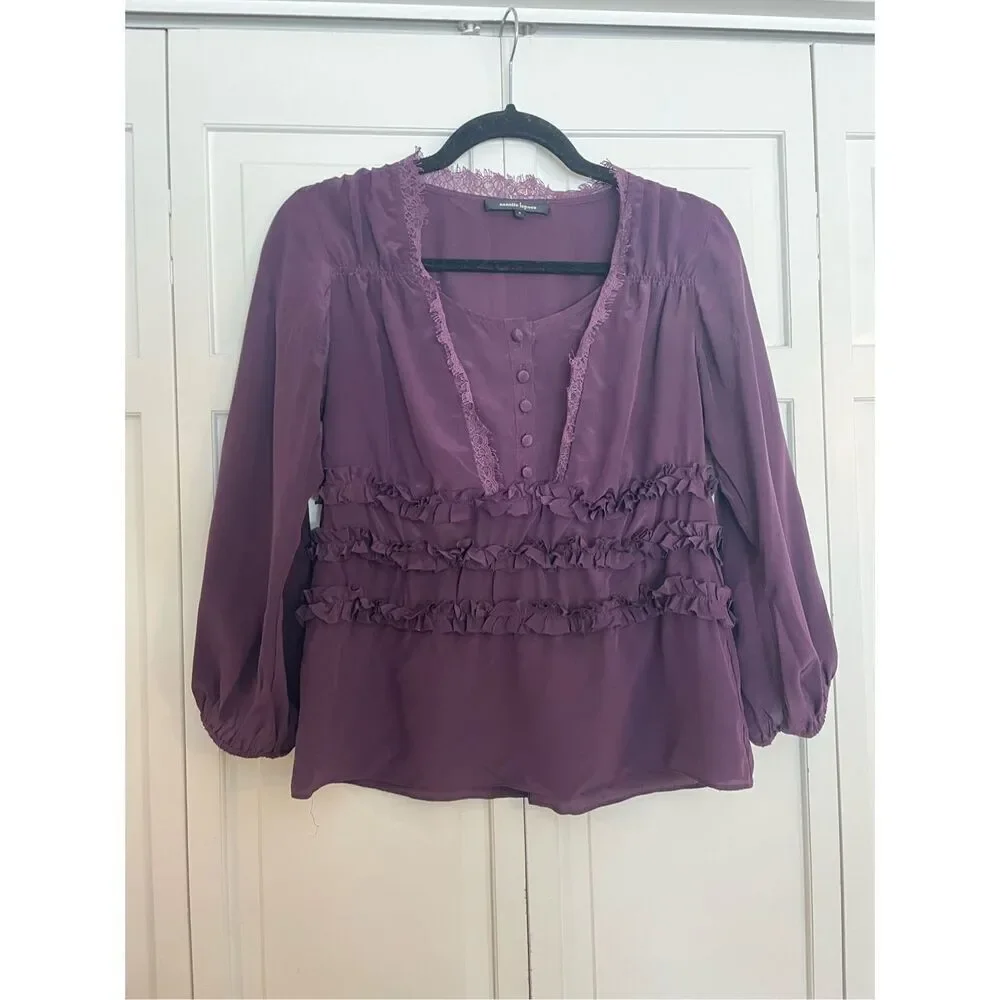 Nanette lepore 100% silk purple ruffled lace trim blouse size 0